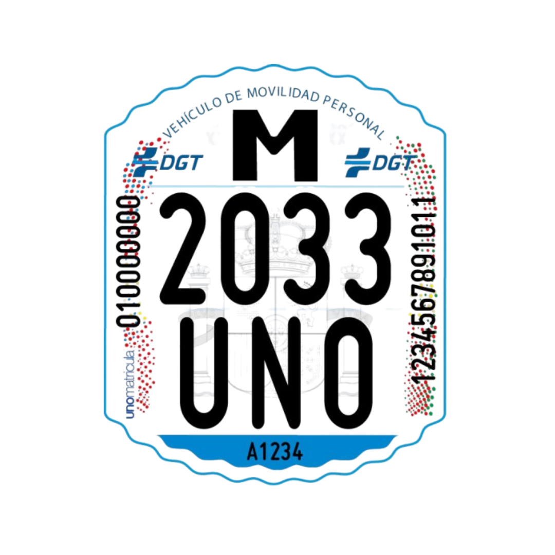 Matrícula patinete eléctrico VMP etiqueta identificativa adhesiva DGT formato oficial M XXXX LLL