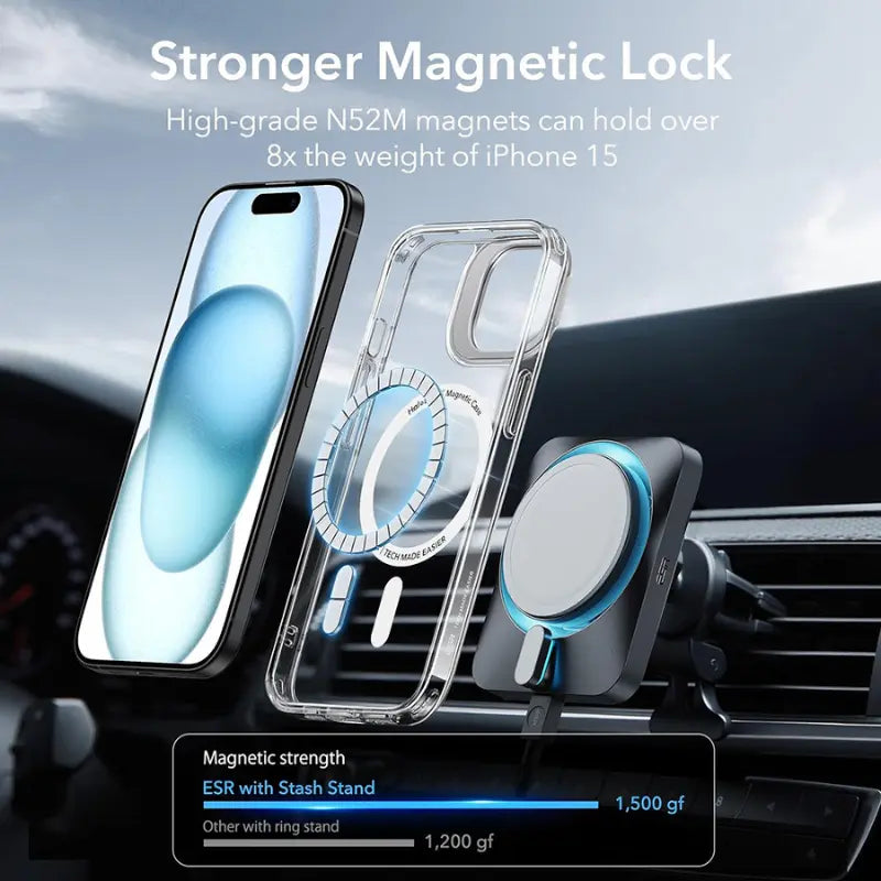 ESR Classic HaloLock - Funda MagSafe iPhone 15 Plus Transparente con Soporte Kickstand