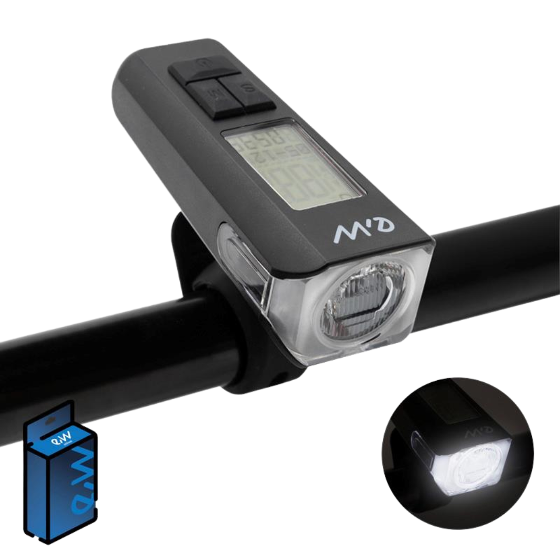 Luz Led Frontal Recargable con display de velocidad,temperatura,hora y Km