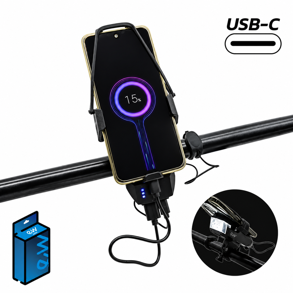 Soporte de móvil con powerbank, claxon y luz